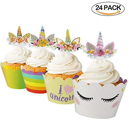 Onshine Unicorn Cupcake Toppers and Wrappers Kids Party Cake Decorations Set of 24 for Baby Shower Birthday
