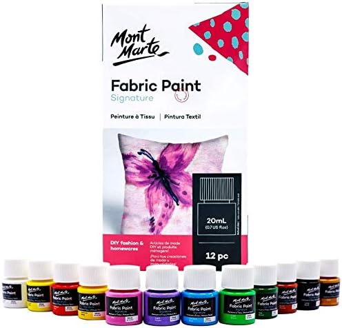 MONT MARTE Fabric Paint Set - 12 pieces x 20ml - Permanent Textile Paints - Ideal Colours for Clothing Bags and all Fabrics