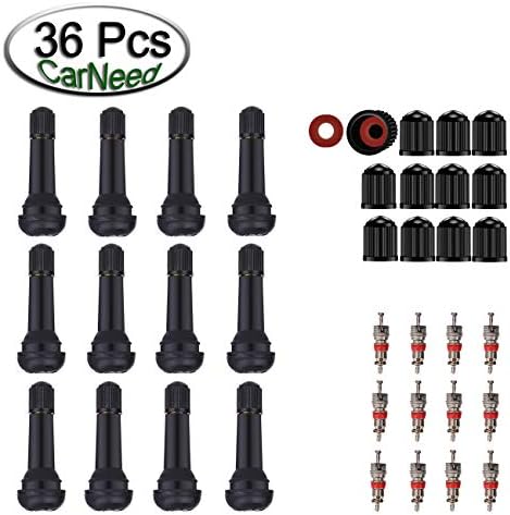 CarNeed 12 Pcs TR414 Snap-in Valve Stems with 12 Pcs Built-in Stem Cores, Black 0.453" Flange Hole Rubber Stem for Tubeless Tires and 12 Pcs Universal Tire Valve Caps (36 Pcs)