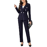 Aotasely Women's 2 Piece Suits Business Casual Outfits Double Breasted Blazer Pantsuits Professional Office Work Sets