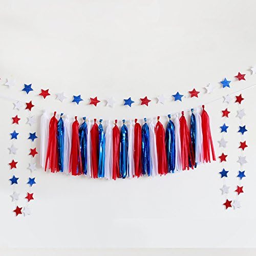 3 Red White and Blue Stars Garlands with one Tissue Tassel Streamer Garland for 4th of July Party Decor Labor Day Decor Patriotic Party Decorations Independence Day Party Supplies USA Party Props