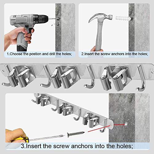 GUUKIN Broom and Mop Holder Wall Mount, Garage and Garden Tools Organization and Closet Storage, Stainless Steel Tool Rack with 3 Racks 4 Hooks for Kitchen, Bathroom, Laundry with 5 Tea Towel Clips