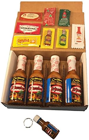 El Yucateco Habanero Caribbean Hot Sauce Gift Set (4)+ a key chain Mini ,10 sample packets