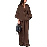 REASERAL Womens Cotton 2 Piece Outfits Batwing Sleeve V Neck Top Wide Leg Pants Loose Casual Outfits Tracksuit