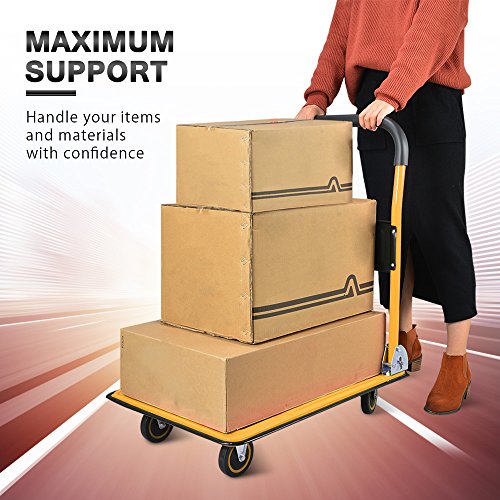 Push Cart Dolly by Wellmax, Moving Platform Hand Truck, Foldable for Easy Storage and 360 Degree Swivel Wheels with 330lb Weight Capacity, Yellow Color