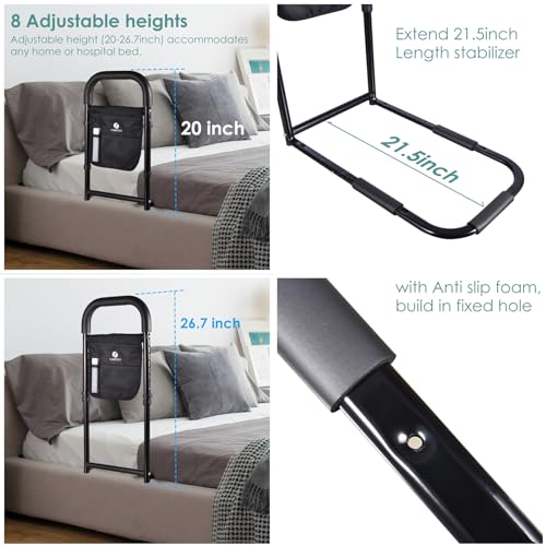 Bed Rails for Elderly Adults Assist Safety with Motion Light for Seniors Hand Bar Grab with Storage Pocket Patent Stabilizer with Fixing Strap, Support Up to 300lbs