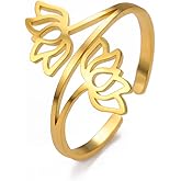 Amaxer Double Lotus Flower Adjustable Open Ring for Women Stainless Steel Boho Statement Floral Jewelry