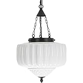 FCTWAKS Milk Glass Pendant Light, 12" Mid Century Modern Schoolhouse Ceiling Light Fixtures, Black Finish with Frosted Glass,