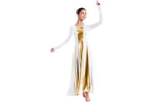 IBAKOM Womens Liturgical Praise Lyrical Dance Dress Loose Fit Full Length Long Sleeve Metallic Worship Costume Ballet