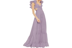 Lawrncedw Chiffon Ruffle Prom Dresses for Women V Neck Long Bridesmaid Dresses Backless Formal Evening Gowns A Line