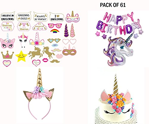 Unicorn Party Supplies 61 Piece Decoration Kit â€“ One 14 Piece Unicorn Cake Decoration Set , 1 Unicorn Headband, 18 Piece Happy Birthday Unicorn Balloon Decoration Set and 28 Unicorn Photo Props