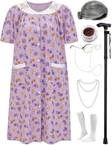 Disfraz De Anciana Para Mujer – Set Completo Con Camisón, Peluca Rizada, Bastón Plegable, Gafas Con Cadena, Collar De Perlas Y Gorro – Ideal Para Halloween, Fiestas De Disfraces Y Cosplay