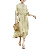 EVAZOU Women's Bohemian Long Dress, Round Neck Lantern Sleeves Lose Summer Casual Beach Vacation Midi Dress