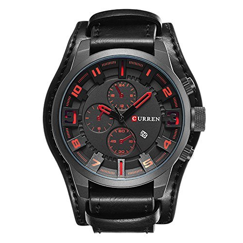 Retro Wide Cuff Watches for Men - Decorative Three Sub-Dials Calendar Leather Watch Gentlemens Watches, Black Red