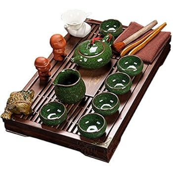 ufengke Exquisite Oriental Ceramic Porcelain Kung Fu Tea Cup Set with Wooden Tea Tray, Chinese Tea Service, Home and Office Use, Dark Green