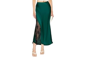 UEOIOW Women's Satin Silk Skirts A Line Flowy Ruffle Floral Lace Splicing Cocktail Party Maxi Long Skirt