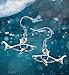 Puzzled Blue and Silver Aqua Shark Fish Hook Earrings, Fashionable Dangle Post Elegant Jewelry with Genuine New Zealand Paua Shell Fashion Ear Accessory (2 Pcs Set)