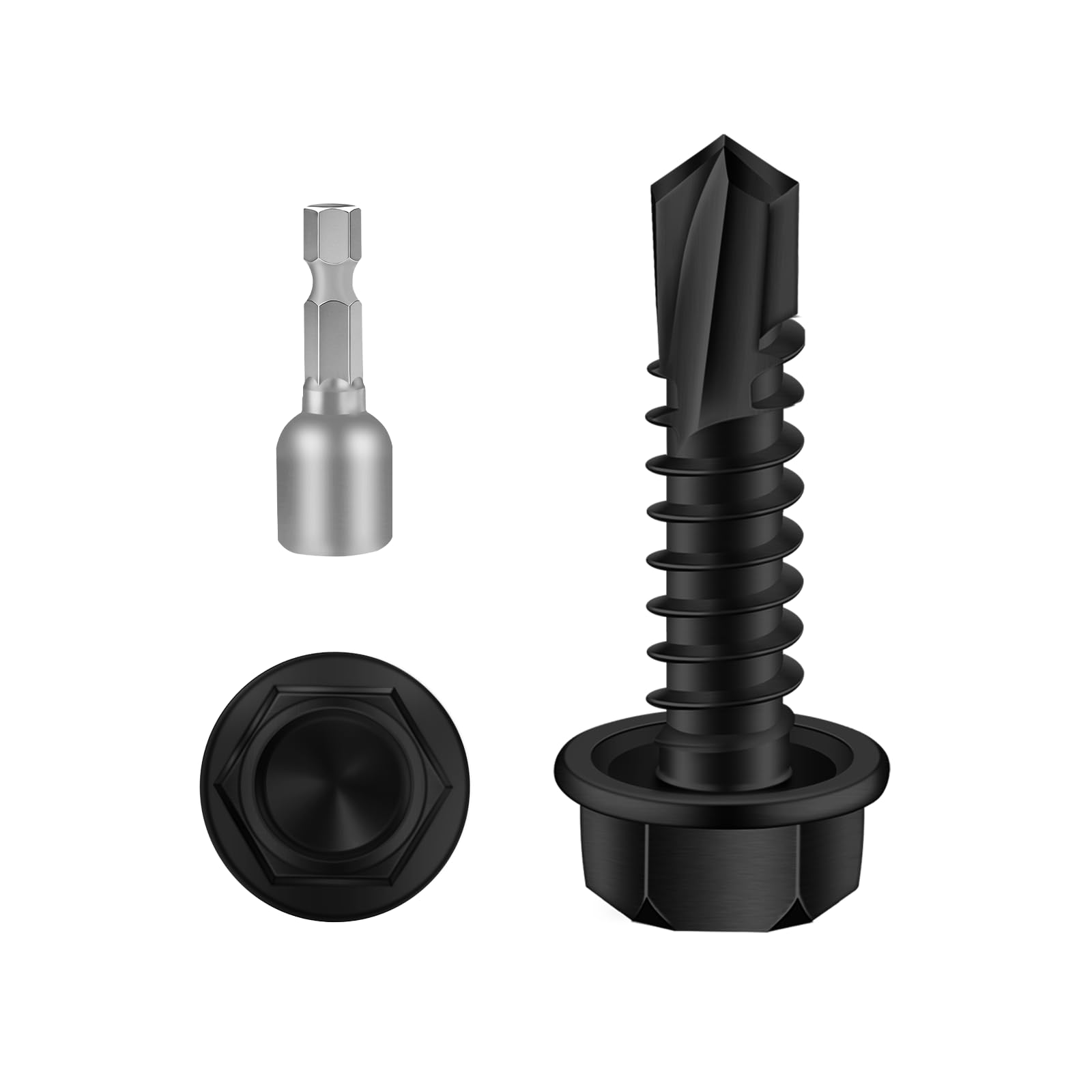 #8 x 1/2" Hex Washer Head Self Drilling Screws, Self Tapping Sheet Metal Tek Screws, 410 Stainless Steel, Black Oxide Finish, Black Oxide Finish, 100 PCS
