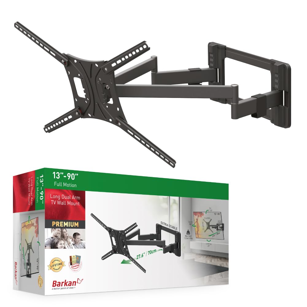 Barkan Long TV Wall Mount, 13-90 inch Dual Arm Full Motion Articulating - 4 Movement Flat/Curved Screen Bracket, Holds up to 60kg, Extra Stable, Fits LED OLED LCD
