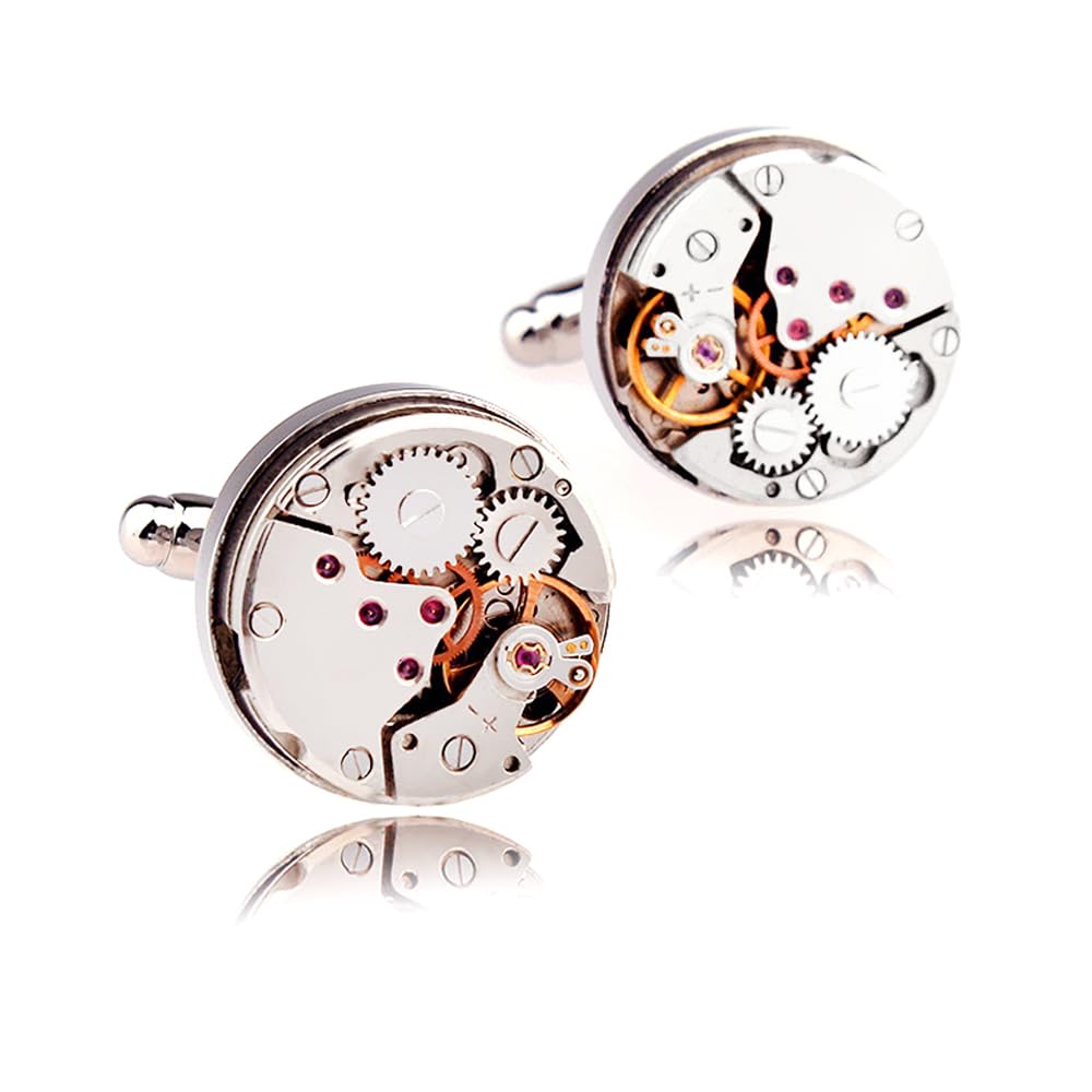 HONEY BEAR Mens Vintage Watch Movement Cufflinks with Box, Round Silver