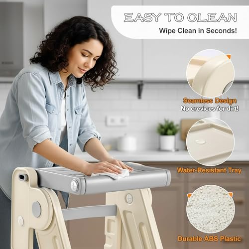 Beauenty Learning Tower, Foldable Children'S Kitchen Step Stool, Adjustable Height Step Ladder Montessori Kids Standing Tower, With Handles, Safty Rail, For Kitchen Counter Bathroom Sink Child Ladder