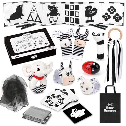 Joyreal Baby Sensory Toys, 13 Pcs Black and White Sensory Toys 0-6 Months, Foil Blanket, Sensory Cards, Baby Rattles, Ribbon Ring, Scarf, Maracas, Newborn Toys Sensory Box 0-3 Months Gifts