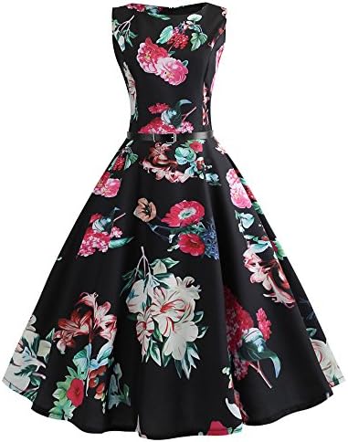 Roiper Dresses,Women Vintage Floral Dress Elegant 1950s Hepburn Style Swing Dress Sleeveless Casual Rockabilly Party Dress