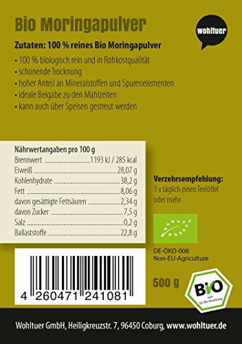 Wohltuer Bio Moringa Pulver in Rohkostqualität | Moringa oleifera | Bio Moringablätter gemahlen (500g) – Bild 4