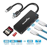 Rocketek USB 3.0 / USB C/Micro USB Hub Adapter, 3-in-1 Card Reader with 3 USB 3.0 Ports, USB 3.0 Memory Card for SD/Micro SD/TF/UHS-I for MacBook, PC Laptop, Smartphones with OTG Function