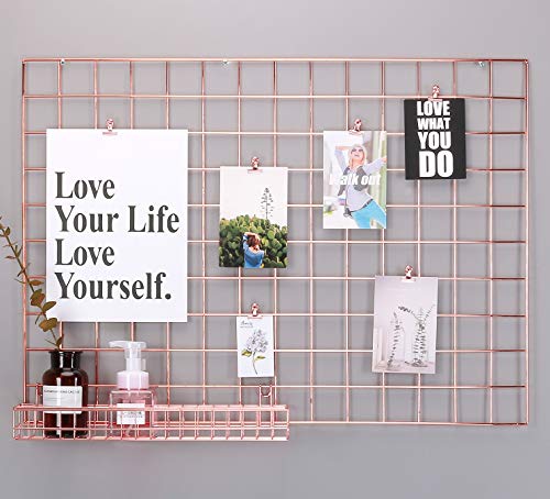 Simmer Stone Rose Gold Wall Grid Panel for Photo Hanging Display & Wall Decoration Organizer, Multi-Functional Wall Storage Display Grid, 5 Clips & 4 Nails Offered, Set of 1, Size 21.3