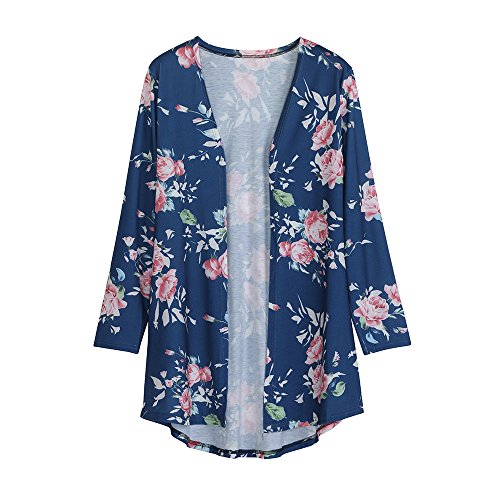 Hanican Women Ladies Long Sleeve Coat Floral Jacket Open Front Kimono Outerwear Elegant Cardigan (Blue, L)