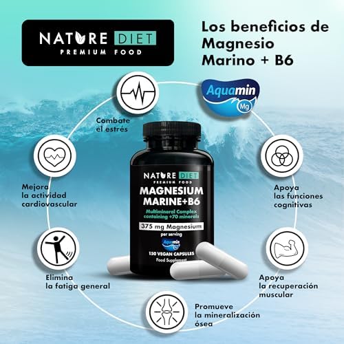 Magnesium Marine + B6-375 mg de Magnesio por porción - 150 Cápsulas Veganas - Complejo Multimineral con Aquamin - Apoya la Salud Ósea, Muscular y Cardiovascular