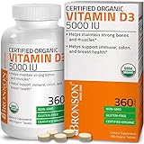 Bronson Vitamin D3 5000 IU Certified Organic Vitamin D, Non-GMO, USDA Certified, 360 Tablets