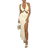 WDIRARA Women's Cut Out Halter Bodycon Dress Backless Side Slit Prom Long Dresses