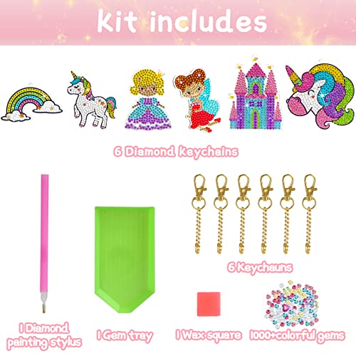 LOVESTOWN 6 PCS Gem Keychains Art for Girls, Make Your Own Gem Keychains Gem Dual-sided Use Diamond Painting Kit Keychains Crafts for Kids Ages 6-12