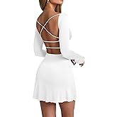 Misng Women Open Back A-line Deep V-Neck Long Sleeve Bodycon Mini Dress Slim Fit Stretchy Cocktail Dresses