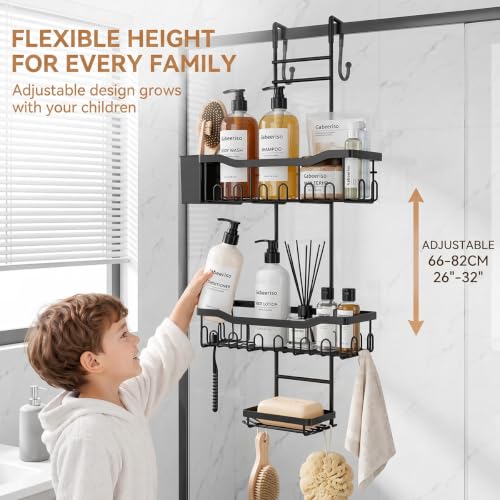 Gabeeriso 3-Tier Over-the-Door Hanging Shower Caddy Bathroom Organizer | Rustproof Black Shower Shelf with 28 Multi-Purpose Hooks for Towels, Soap & Bath Supplies, Ideal for Shower & Bathrooms