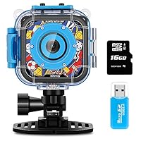 iMoway Kids Camera, Waterproof Video Cameras for Kids HD 1080P Kids Digital Cameras Camcorder with 16GB Memory Card, Card Reader and Floating Hand Grip (Blue)