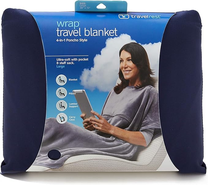 Travelrest 4-in-1 Travel Blanket - Pillow Blanket for Airplanes, Compact, Built in Carry Case, Ultra Plush and Soft for Long Travels, Wearable, Zippered Pocket