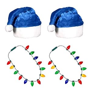 (2 Pack) Blue Plush Santa Hats and LED Light-up Christmas Necklace For Ugly Christmas Xmas Holiday Party