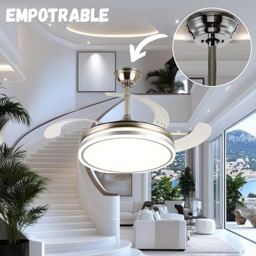 Megaluz F8585-42 Ventilador de techo con luz led y control remoto y APP, 42 pulgadas, luz fría, cálida y neutra, aspas retractiles, Abanico de techo 3 velocidades y motor silencioso (Metal satinado).