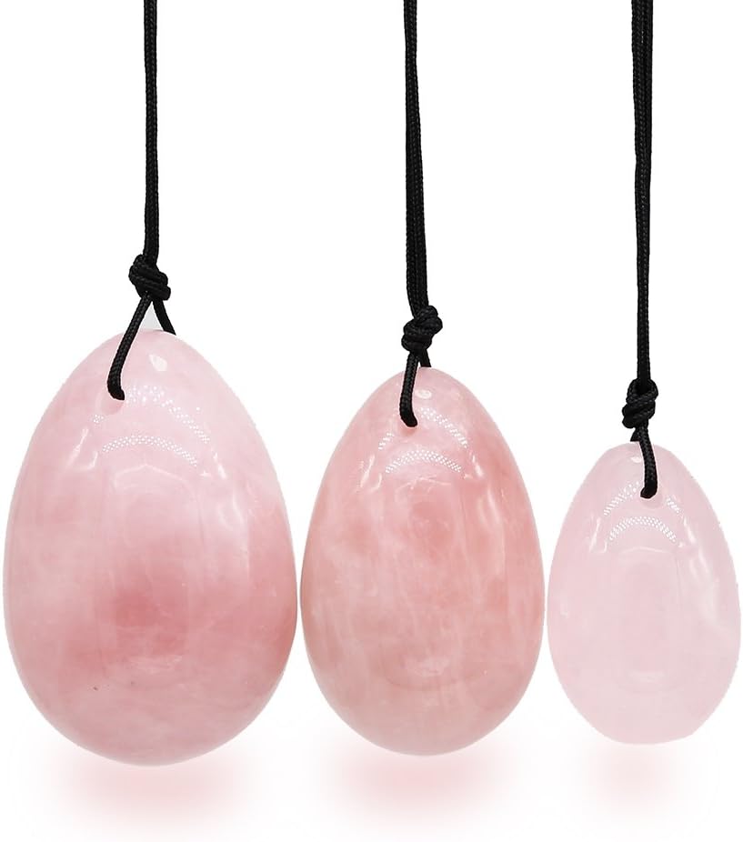 KineUni 3Pcs Set Massage Stones, Drilled Natural Rose Quartz Jade Yoni Egg For Kegel Exercise Pelvic Floor Muscles Vaginal Exercise
