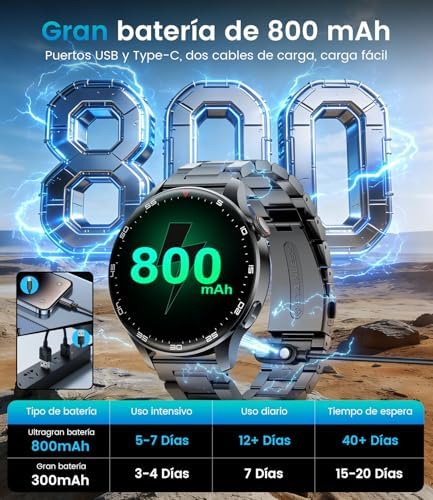 Reloj Inteligente Hombre con 800 mAh, Pantalla Táctil HD Grande de 1.7", Reloj Smart Militar con Luz LED, Función de Llamadas, IP68, 110+ Modos Deportivos Compatible con iOS/Android