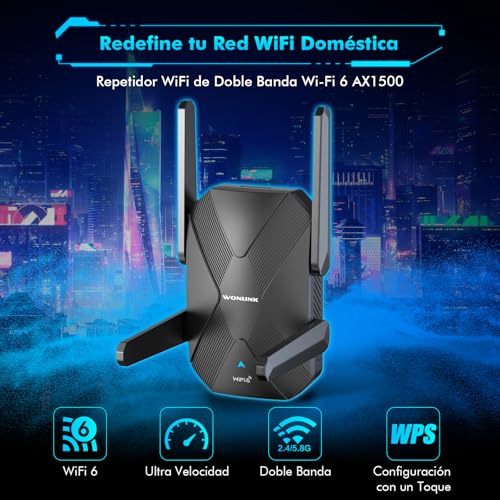 WONLINK WiFi 6 Repeater, AX1500M WiFi Signal Booster Dual Band 5/2.4Ghz, 4 Antennas, WPS, Signal Indicator, WiFi Extender Support Repeater/Router/Ap Mode Compatible with All Routers