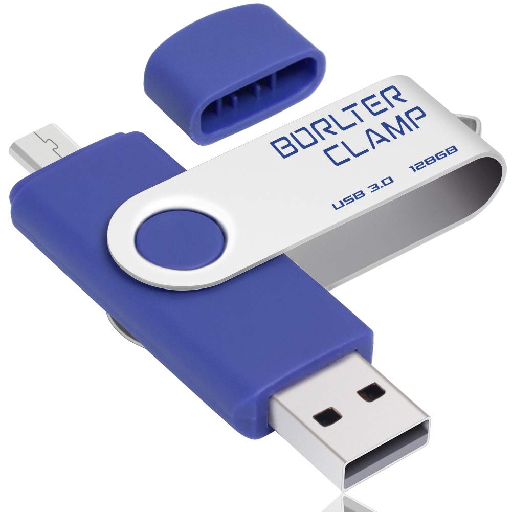 BORLTER CLAMP 128GB Dual USB 3.0 Flash Drive OTG Memory Stick, Swivel Thumb Drive with Micro USB Drive Port for Android Smartphone Tablet & Computer (Blue)
