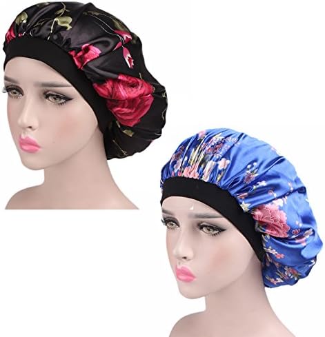 2Pack Women's Satin Sleep Cap for Hair Wide Band Elastic Sleep Bonnet Hair Styling Hat Night Cap