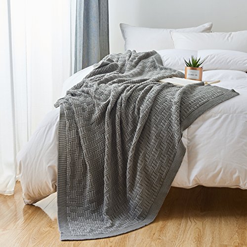 Longhui bedding Cotton Gray Cable Knit Throw Blanket for Couch Chairs
