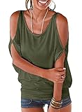 Ranphee Army Green Summer T Shirt Women Short Sleeve Cold Shoulder Loose Fit Pullover Casual Top,Large,Army Green