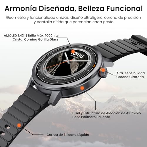 KOSPET ORB Reloj Inteligente Hombre y Mujer, Ultraligero Bluetooth Llamadas, Pantalla AMOLED 25 Días de Batería, Monitor de Frecuencia Cardíaca/Sueño/SpO2 Smartwatch Redondo IP68, 175 Modos Deportivos