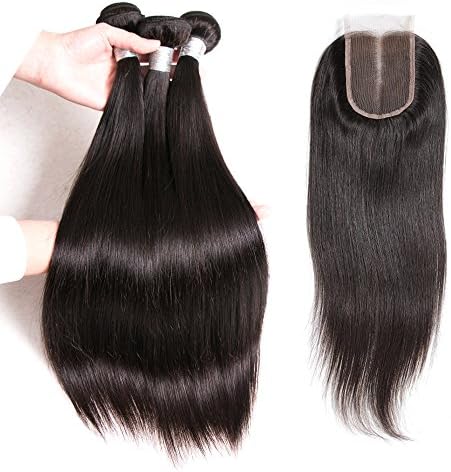 Hannah Queen Brazilian Virgin Hair Bundles with Closure Straight Human Hair Bundles with Lace Closure 100% Unprocessed Brazilian Virgin Hair Straight Hair 12 14 16 with 10 Middle Part